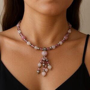 Genuine Lucite Necklace Pink Silver beads Tassel Etch Floral Butterflies 24”